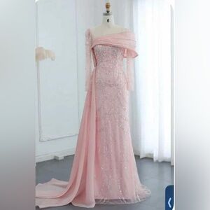 Elegant Pink Beaded Evening Gown with Off-Shoulder Design